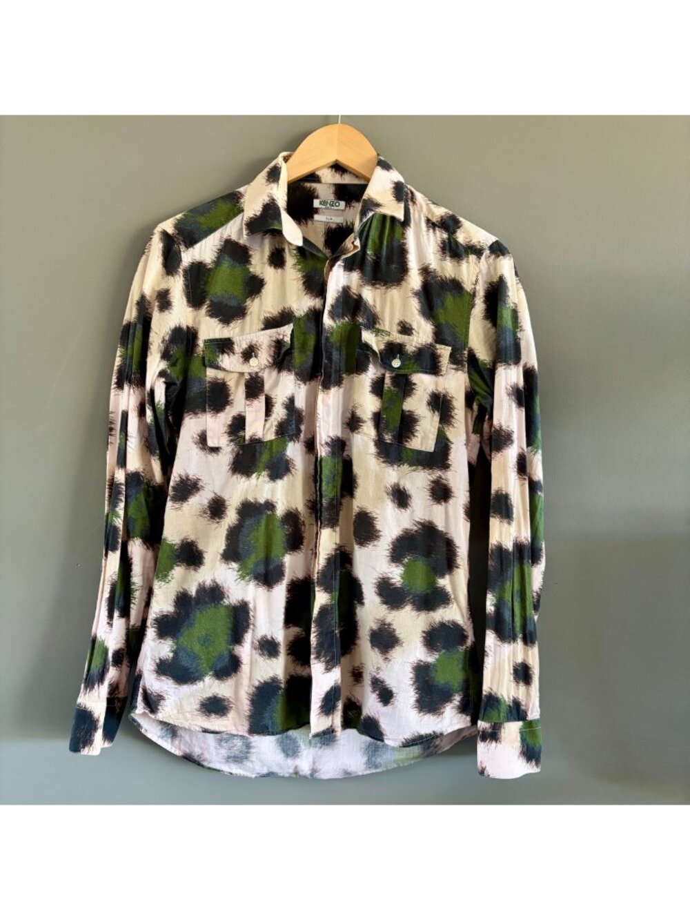 Kenzo Paris Men's Button Down Green Animal Print Cotton Leopard Shirt 38/15 SLIM